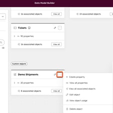 Custom object card in the data model builder with the three horizontal dots icon selected, displaying options like Edit object and Delete object