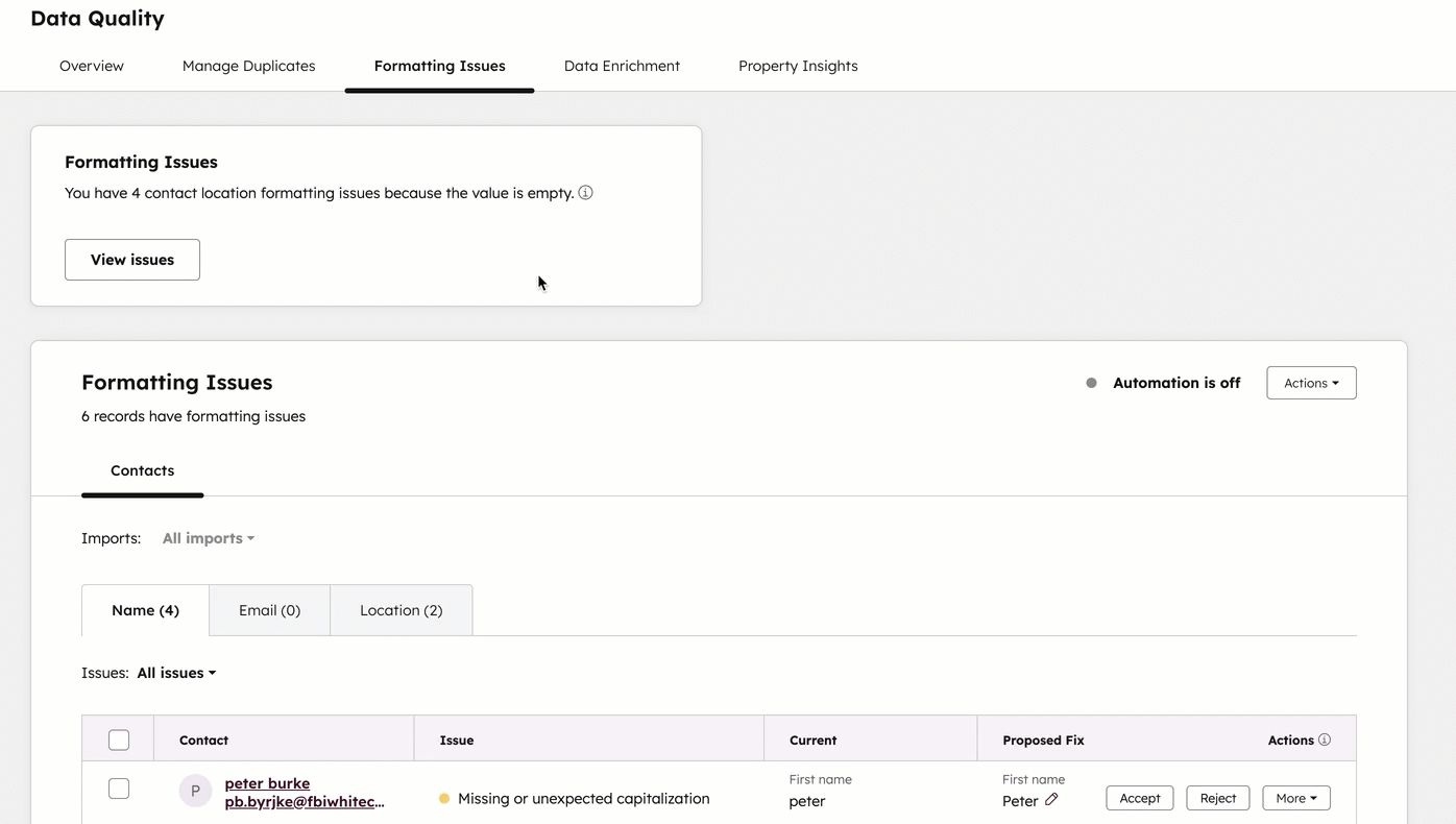 GIF displaying the 'formatting issues' tab. The user accepts change suggestion in the table, then configures automatic capitalization for 'first name' and lowercase for 'email'.
