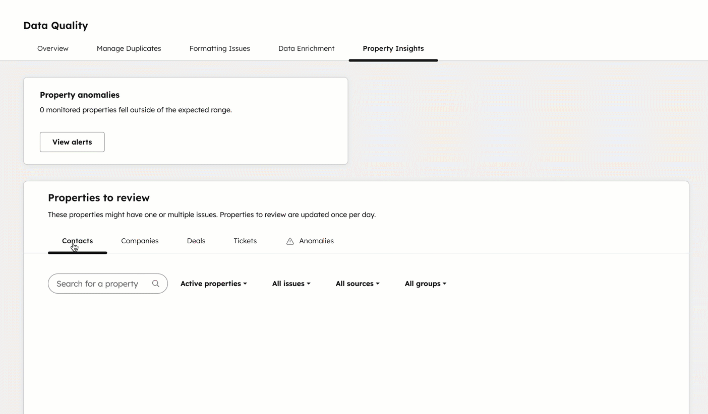 GIF displaying the 'monitor properties' tab. The user opens a right panel to monitor changes to 'close date'.