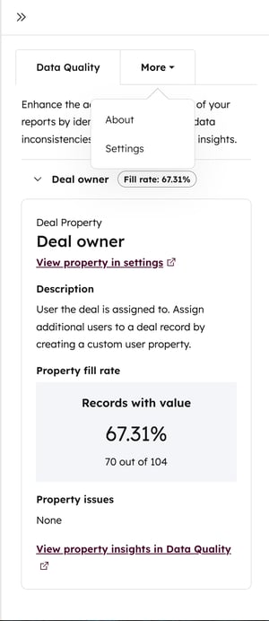 A HubSpot report for 'Deal owner'. A panel is open showing 'data quality'. It shows a property fill rate of 67.31% and a 'More' dropdown menu with 'About' and 'Settings' options.