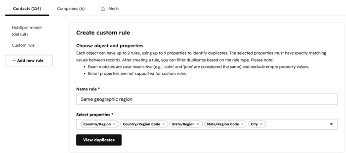 HubSpot Create custom rule panel with "Same geographic region" as the rule name and five geographic properties selected.