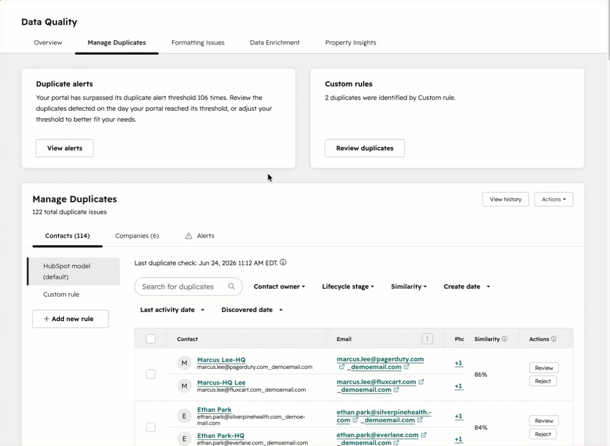 HubSpot manage duplicates table. A 'field of study' column is added and the 'company name' column is removed. A 'similarity' column is reviewed in detail.