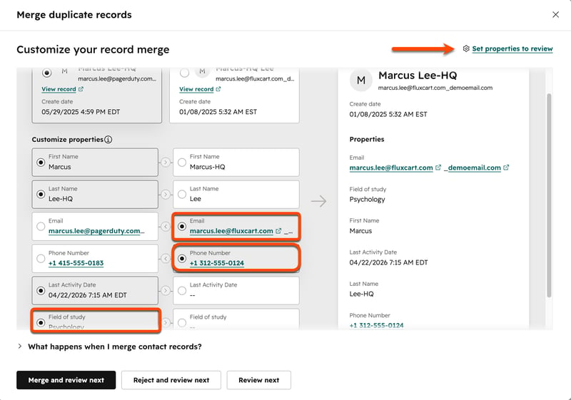 HubSpot Customize your record merge dialog with Email, Phone Number, and Field of study property selections outlined in orange, and an arrow pointing to Set properties to review.