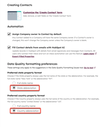 A HubSpot settings page for data quality formatting. The preferences for both state and country property formats are set to 'abbreviation'