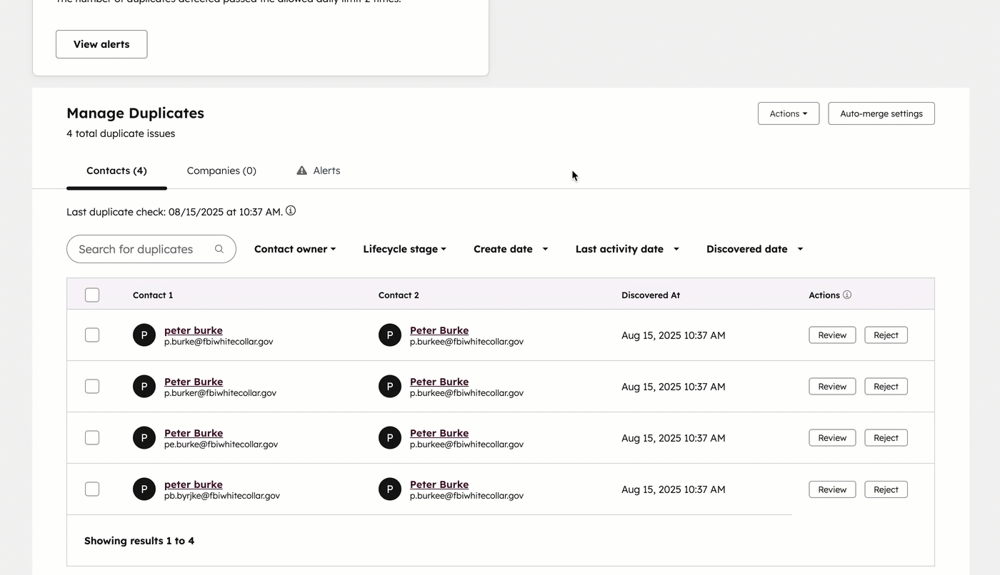 GIF displaying a duplicate manager tool. The user reviews a record 'peter burke' and selects properties to review before merging.