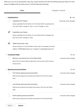 A HubSpot data formatting rules page. It shows automation options for capitalizing names, making emails lower case, and rules for combined fields and spacing.