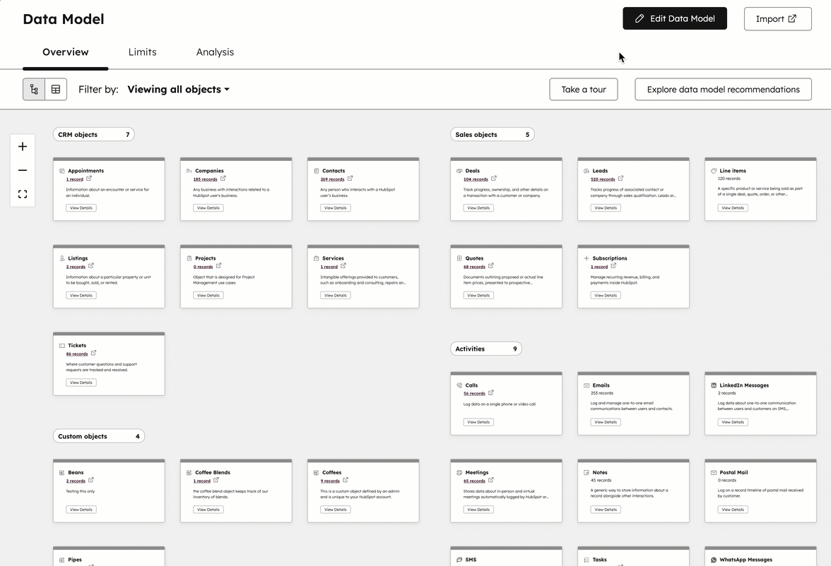 GIF exibindo a ferramenta de modelo de dados no HubSpot. O usuário edita o modelo de dados e renomeia "Empresas" para "Contas"