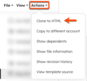 In the design manager, within the finder, a box is placed around the Actions dropdown menu and the options are displayed. An arrow points to the 'Clone to HTML' option.
