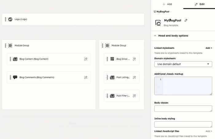 En el administrador de diseño, se muestra el editor de diseño para una plantilla. El usuario arrastra un módulo de formulario al editor de diseño desde la pestaña Añadir del inspector.