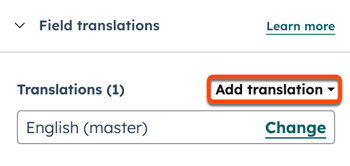 In the design manager, the inspector is displayed for a module. In the Field translations section, a box is placed around the Add translation dropdown menu.