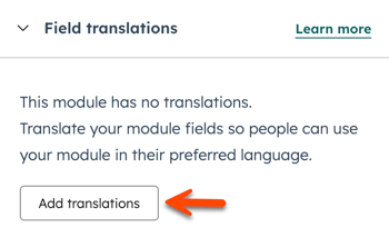In the design manager, the inspector is displayed for a module. In the Field translations section, an arrow points to the Add translations button.