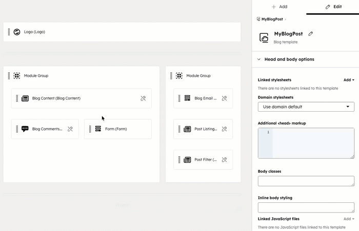 En el administrador de diseño, se muestra el editor de diseño de una plantilla. El usuario pasa el ratón entre dos módulos y los arrastra horizontalmente para ajustar la anchura entre ellos.