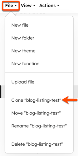 In the design manager, within the finder, a box is placed around the File dropdown menu and the options are displayed. An arrow points to the 'Clone [name of template]' option.