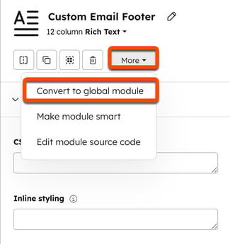 Screenshot of the right column of the design manager. The "More" dropdown menu is highlighted, as is the "Convert to global module" option.