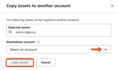 In the design manager, the copy assets to another account dialog box is visible. An arrow points to the Destination account dropdown menu and a box is placed around the Copy assets button.