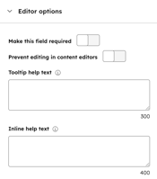 In the design manager, the inspector shows a field's editor options. These options include making the field required, preventing editing in the content editor, and adding help text.