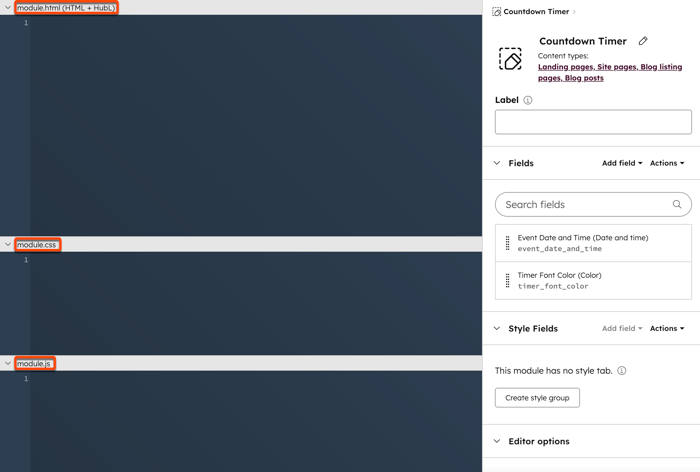 En el administrador de diseño, se muestran el editor de código y el inspector para un módulo. Se colocan recuadros alrededor de las secciones module.html, module.css y module.js en el editor de código.