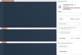In the design manager, the code editor and the inspector are displayed for a module. Boxes are placed around the module.html, module.css, and the module.js sections in the. code editor.