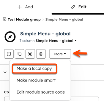 In the inspector for a global module, an arrow points to the More dropdown menu and a box is placed around the Make a local copy option.