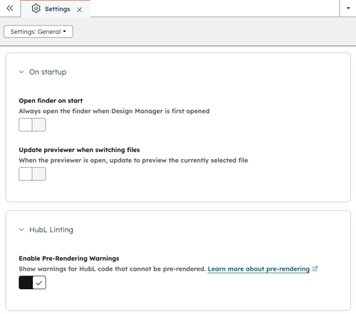 Im Design-Manager werden die allgemeinen Einstellungen angezeigt.
