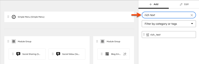 In the design manager, a drag and drop template is displayed. An arrow points to the Search field in the Add tab. The Search field contains 'rich text' as the search term.