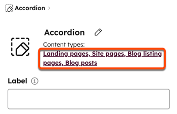 En el administrador de diseño, se muestra el inspector para un módulo. En la parte superior del inspector, se coloca un recuadro alrededor de los tipos de contenido del módulo (por ejemplo, Landing page, Site pages, Blog listing pages, Blog posts).