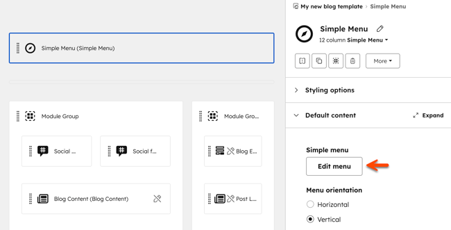 No gerenciador de design, o módulo de menu simples está selecionado para um modelo. Na seção Conteúdo padrão do inspetor, uma seta aponta para o botão de menu Editar.