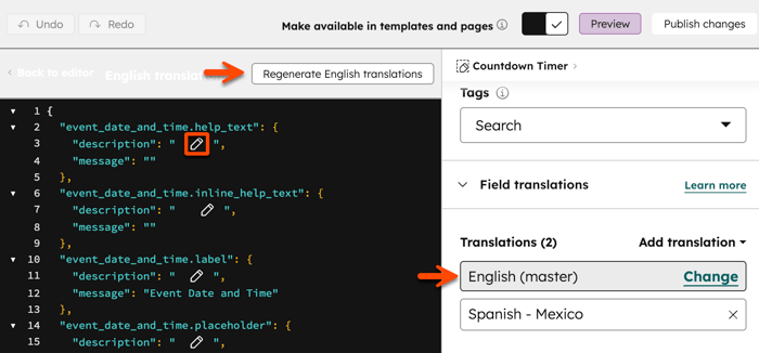 In the design manager, the inspector and code editor are displayed. An arrow points to the module's source translation 'English (master)'. A box is placed around the pencil icon in the code editor. At the top of the editor, an arrow points to the Regenerate [source language] translations button.