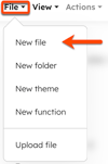 In the design manager, within the finder, a box is placed around the File dropdown menu and the options are displayed. An arrow points to the 'New file' option.