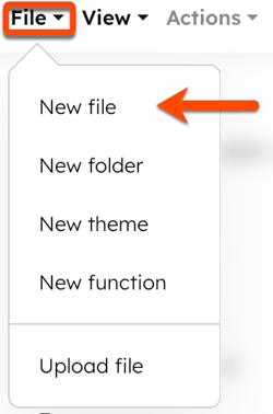 In the design manager, within the finder, a box is placed around the File dropdown menu and the options are displayed. An arrow points to the 'New file' option.