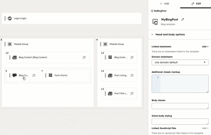 En el administrador de diseño, se muestra el editor de diseño de una plantilla. El usuario selecciona dos módulos y hace clic en el icono Agrupar módulos para agruparlos.