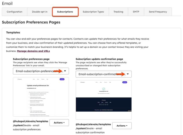 The marketing email settings are displayed. A box is placed around the Subscriptions tab. Two arrows point to the system template dropdown menus for Subscription preferences page and Subscription update confirmation page to select a system template option.