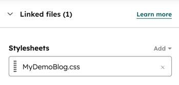In the design manager, the inspector is displayed for a module. The Linked files section is present in the screenshot and shows an attached stylesheet.