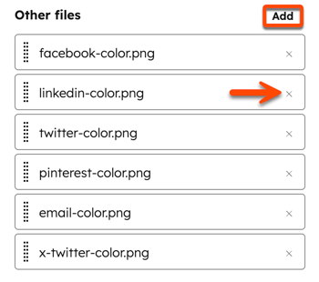 In the design manager, the inspector is displayed for a cloned social module. In the Linked files section, for the Other files field, a box is placed around the Add hyperlinked text. An arrow points to the X to remove a social icon file.