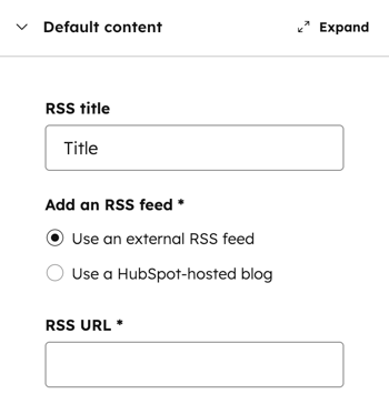 In the design manager, the inspector is displayed for the RSS Listing module including the Default content section. In the Default content section, the following fields are shown: RSS title, Add an RSS feed.