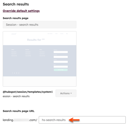 In settings for page content, the System pages tab is displayed. An arrow points to the Search results page URL field in the Search results section.