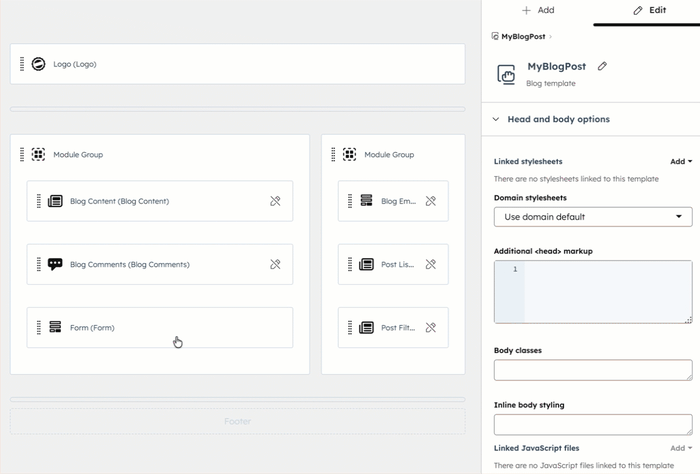 En el administrador de diseño, se muestra el editor de diseño de una plantilla. El usuario selecciona dos módulos y hace clic en el icono Agrupar módulos para agruparlos.