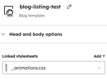 In the design manager, the inspector is displayed for a template. The Linked stylesheets section is present in the screenshot and shows an attached stylesheet.