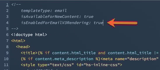 Uma captura de tela da seção superior de um modelo de e-mail codificado personalizado. O código para usar o modelo para e-mails programáveis é indicado.