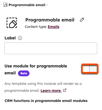 Imagem da coluna da direita do gerenciador de design. A opção "Use module for programmable email" é realçada.