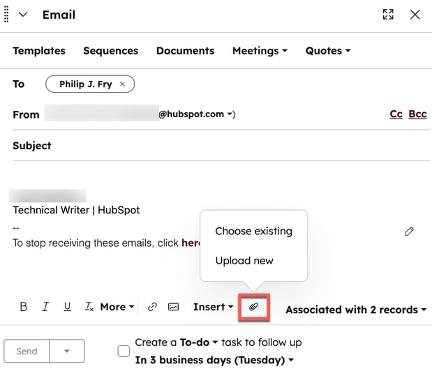 The one-to-one email editor on a contact record, with the attach files paperclip icon highlighted at the bottom of the editor. A pop-up box shows two options: Choose existing and Upload new.
