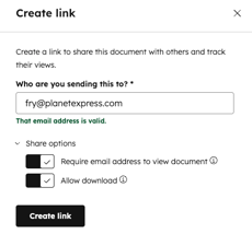 The Create link dialog box, showing a text field for Who are you sending this to? and the switches for Require email address to view document and Allow download turned on.