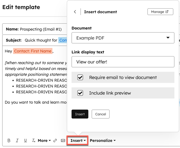 The sales email template editor, with the Insert button at the bottom of the editor selected and highlighted. The pop-up box shows a dropdown menu for Document, a text field for Link display text, and checkboxes selected for Require email to view document and Include link preview.