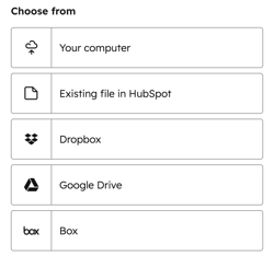 The import source options menu, showing options for Your computer, Existing file in HubSpot, Dropbox, Google Drive, and Box.