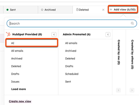 Captura de tela da tela de índice de email. O botão "Adicionar visualização" é realçado, assim como a visualização "AI" na caixa de diálogo.