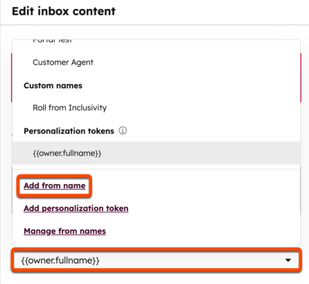 Screenshot of the email editor. The dropdown menu for selecting a from name is highlighted, as is the "Add from name" option.