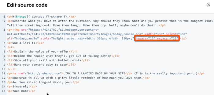 Screenshot of the source code editor in the email editor. The hspace="10" vspace="10" code is highlighted.