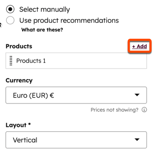 Screenshot of the left sidebar editor of the email editor. In the Products module, the + Add button above the Products section is highlighted.