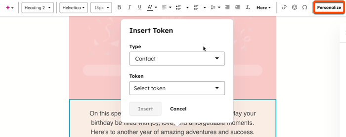 Screenshot of the email editor, with the Personalize button in the rich text toolbar at the top highlighted.