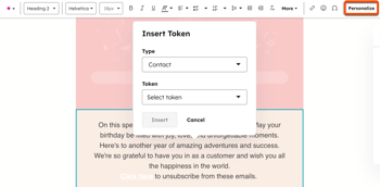 Screenshot of the email editor, with the Personalize button in the rich text toolbar at the top highlighted.